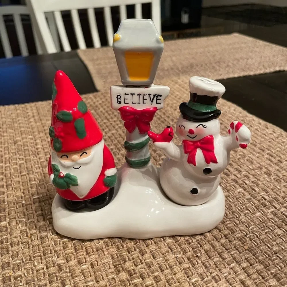 Midwest Gift Santa and Snowman Salt and Pepper Shakers with Believe Lantern